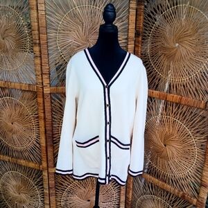 Anne Klein Elegant Cream And Pink Preppy Varsity Cardigan Sweater_Large